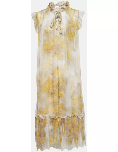 Zimmermann Yellow Floral Print Silk Tie-Up Detail Wild Botanica Midi Dress