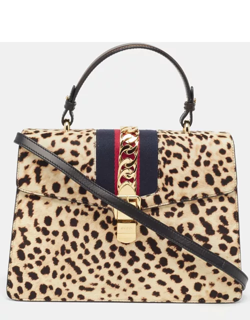 Gucci Beige/Black Leopard Print Calfhair and Leather Medium Sylvie Top Handle Bag