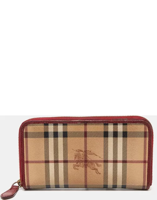 Burberry Beige/Red Haymarket Check Coated Canvas Zip Around Wallet