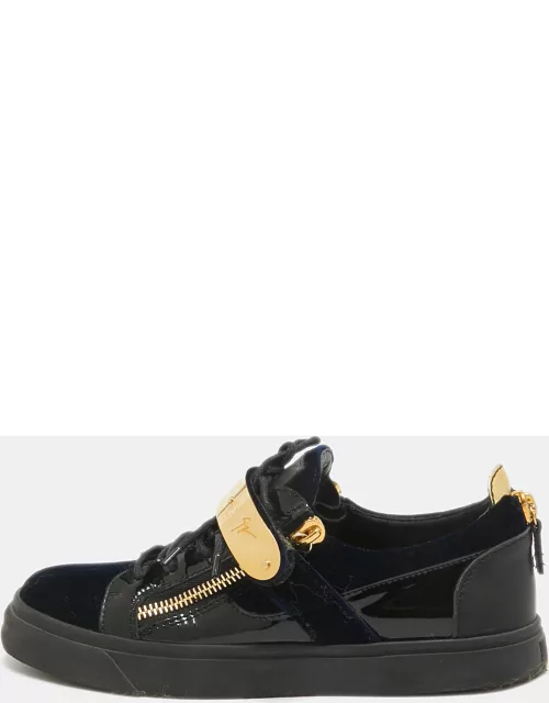 Giuseppe Zanotti Blue/Black Velvet And Patent Leather Double Zipper Low Top Sneaker