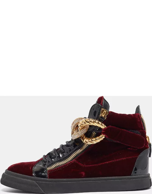 Giuseppe Zanotti Burgundy/Black Patent and Velvet Coby High Top Sneaker