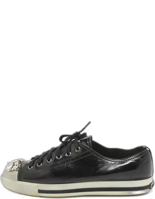 Miu Miu Black Patent Leather Crystal Embellished Cap Toe Sneaker