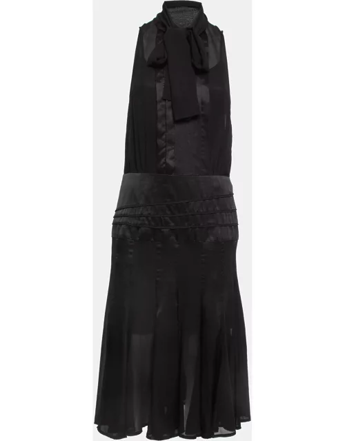 Elisabetta Franchi Black Satin Trim Chiffon Detachable Tie-Up Sleeveless Dress