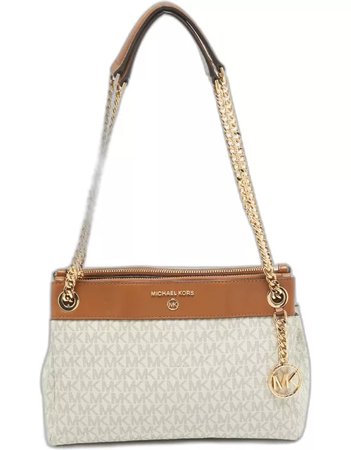 Michael Kors White/Brown Signature Coated Canvas and Leather Small Susan Tote