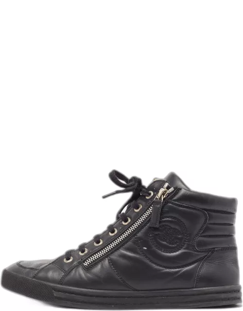 Chanel Black Leather CC High Top Sneaker