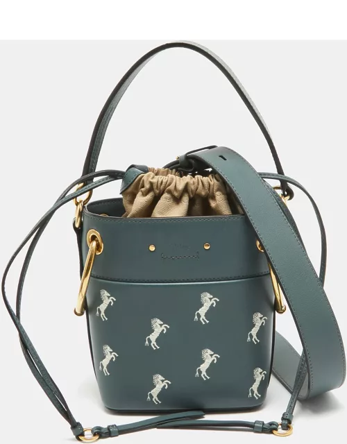 Chloe Blue/Beige Leather Mini Roy Horse Embroidered Bucket Bag