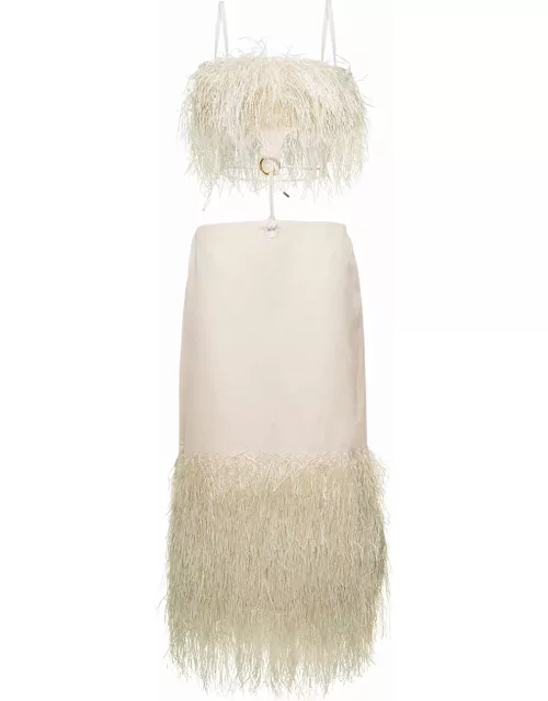 Jacquemus la Robe Raphia Midi Cream White Dress With Fringes And Cut-out In Cotton Canvas Woman