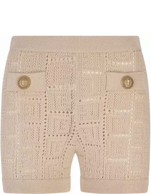 Balmain Beige Perforated Knit Shorts With Monogra