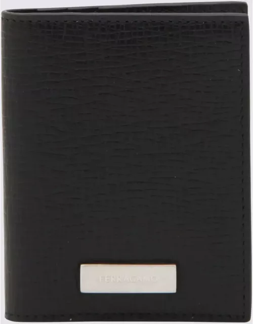Ferragamo Black Leather Custom Metal Plate Card Holder