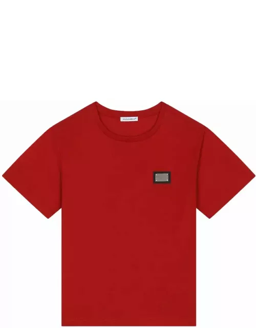 Dolce & Gabbana Red Jersey T-shirt With Logo Plaque