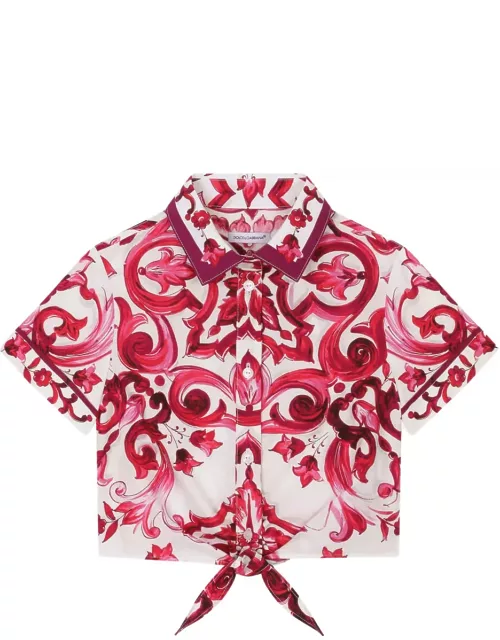 Dolce & Gabbana Poplin Shirt With Short Sleeve And Fuchsia Majolica Print