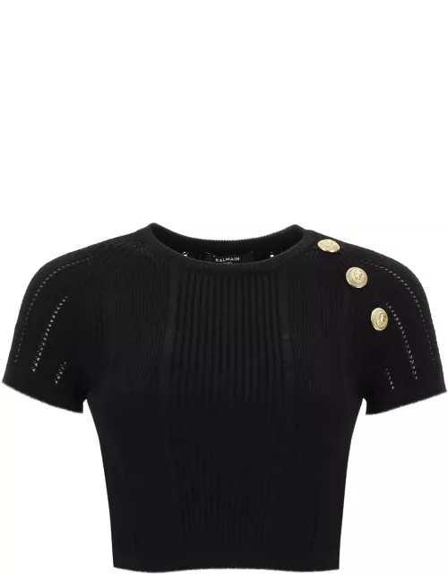 Balmain Knitted Cropped Top With Embossed Button