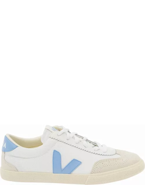 Veja volley White And Light Blue Low Top Sneakers With V Patch In Bio Cotton Woman