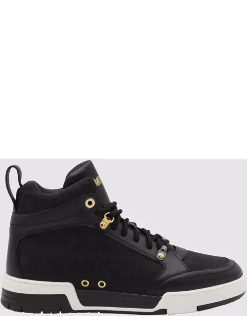 Moschino Black Leather And Canvas Monogram Jacquard High Top Sneaker