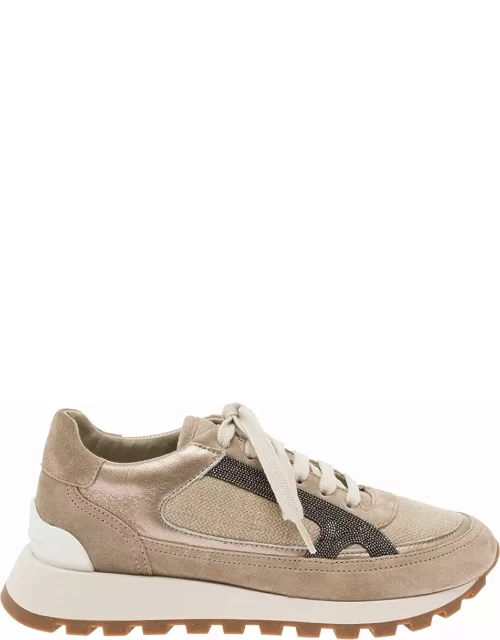 Brunello Cucinelli Beige Low Top Sneakers With Monile Detail In Leather And Suede Woman