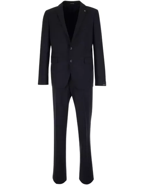 Tagliatore Black Single-breasted Suit With Logo Pin In Cotton Man