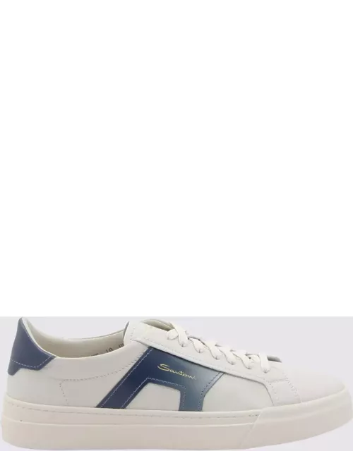 Santoni White And Blue Leather Buckle Sneaker