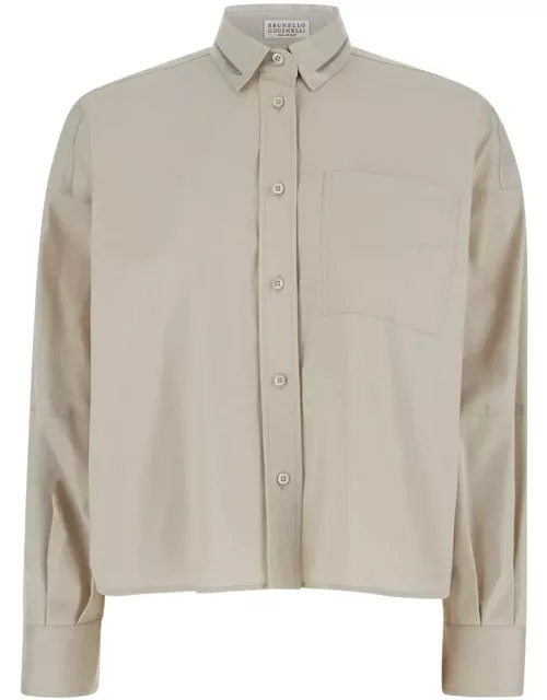 Brunello Cucinelli Grey Crop Shirt With Monile Detail In Cotton Blend Woman