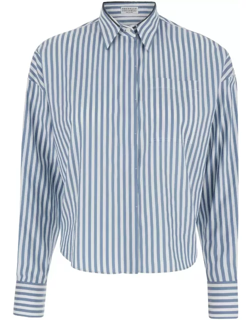 Brunello Cucinelli White And Light Blue Striped Shirt