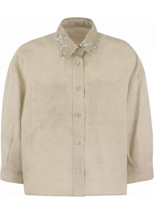 Brunello Cucinelli Linen Shirt With Dazzling Magnolia Collar