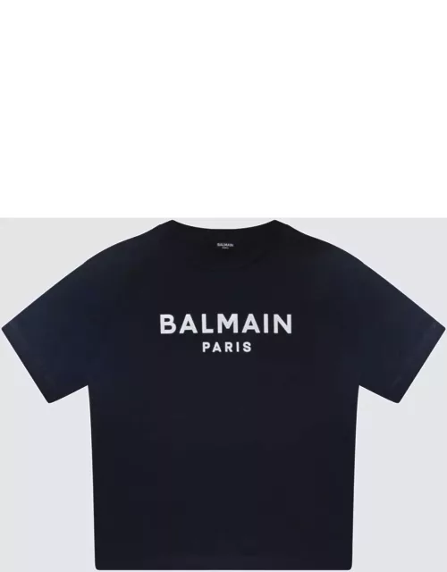 Balmain Navy Blue And White Cotton T-shirt