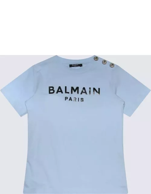 Balmain Light Blue And Black Cotton T-shirt