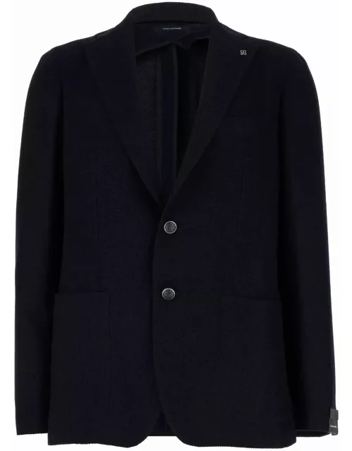Tagliatore Blue Single-breasted Jacket With Logo Pin In Silk And Wool Man