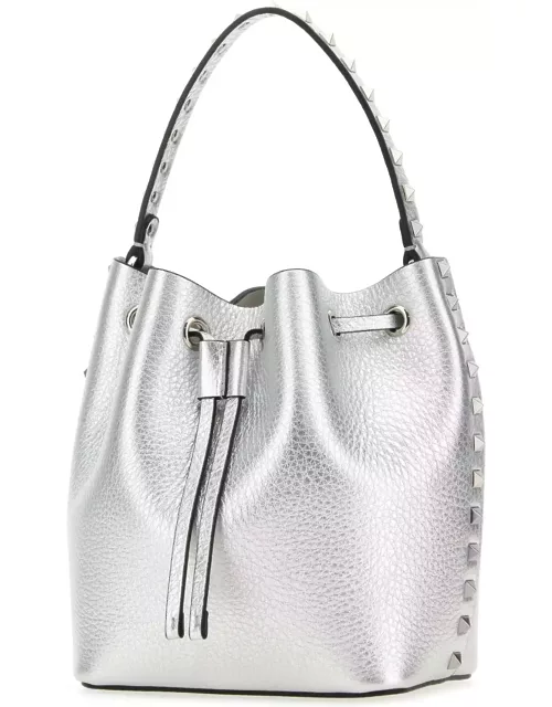 Valentino Garavani Silver Leather Rockstud Bucket Bag
