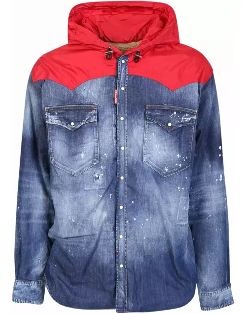 Dsquared2 Blue Denim Hoodie Nylon Shirt Jacket