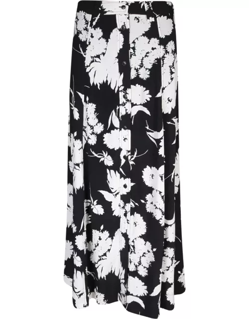 Ganni Long Crepe Skirt With Black And White Print