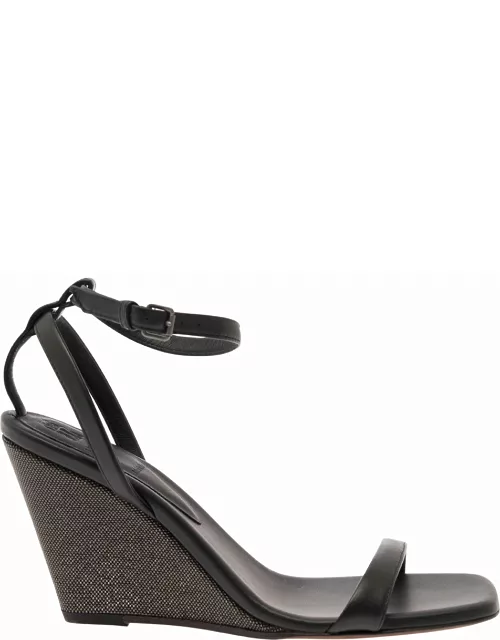 Brunello Cucinelli Black Wedge Sandals With Monile Detail In Leather Woman