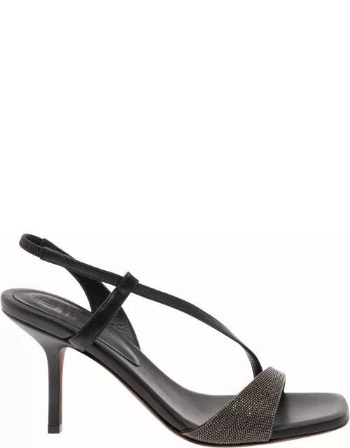 Brunello Cucinelli Black Slingabck Sandals With Monile Embellishment In Leather Woman