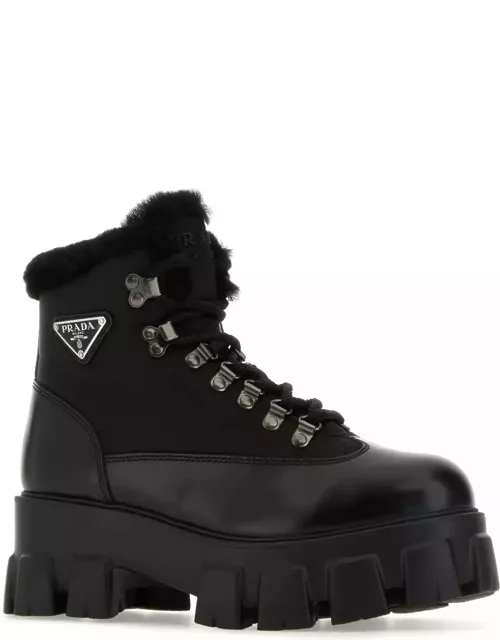Prada Black Leather And Nylon Monolith Ankle Boot