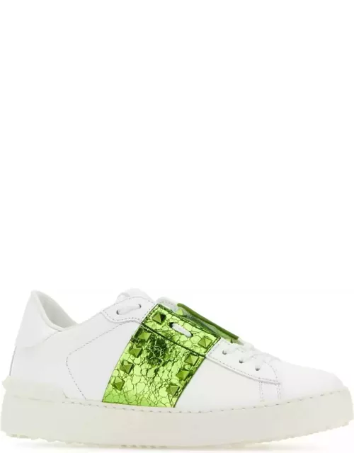 Valentino Garavani White Leather Rockstud Untitled Sneakers With Grass Green Band