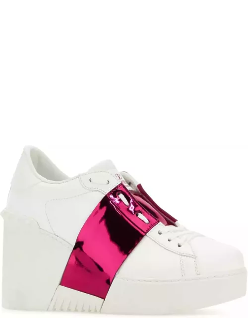 Valentino Garavani White Leather Untitled Sneakers With Fuchsia Band