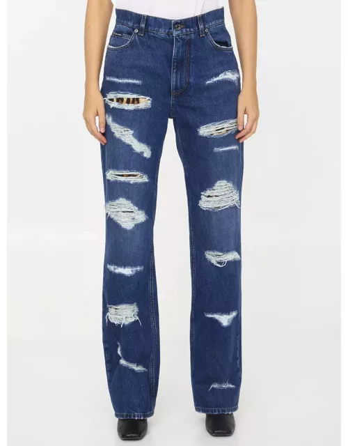 Dolce & Gabbana Distressed Jeans With Leo Print