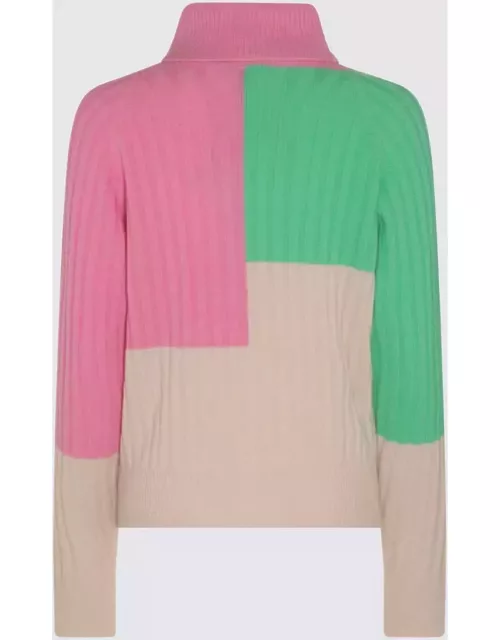 Essentiel Antwerp Beige, Green And Neon Pink Merino Wool And Cashmere Blend Rib Knit Sweater