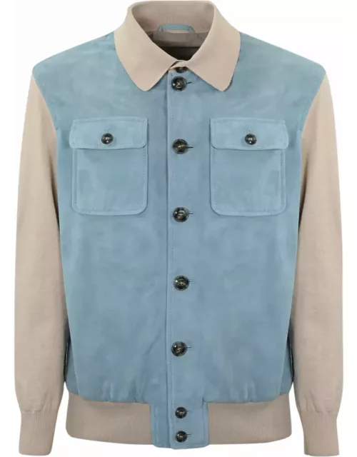 Barba Napoli Truman Jacket In Light Blue Leather And Ice Mesh