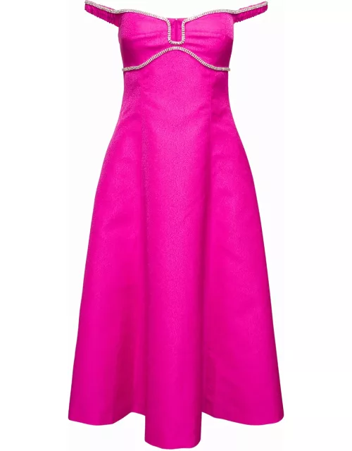 self-portrait Off-shoulder Flared Midi Dress With Crystal Embellished Detailing In Pink Satin Woman
