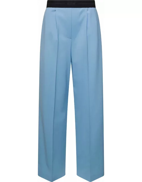 MSGM Light Blue Wide Leg Trousers With Logo Waistband In Wool Woman