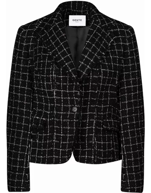 Single-breasted jacket with black lurex check pattern