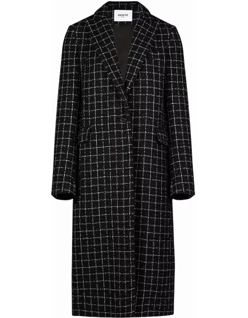 Long single-breasted jacket with black lurex check pattern