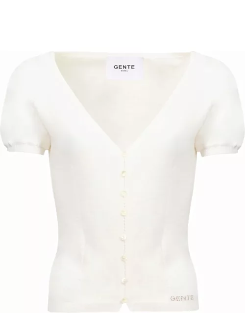 White cardigan with short sleeves short v-neck