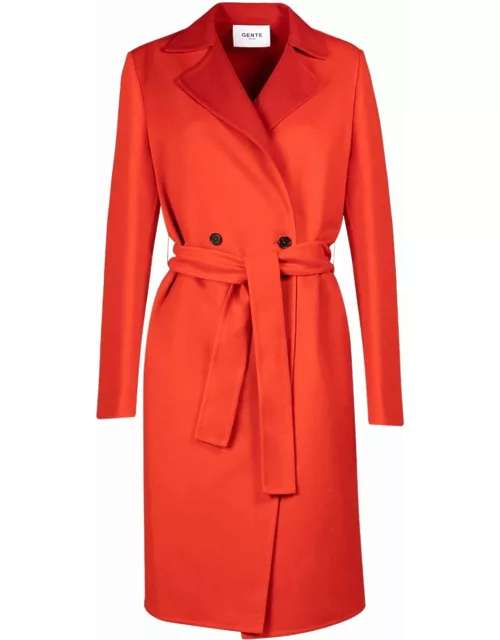 Red double-breasted coat with wool belt