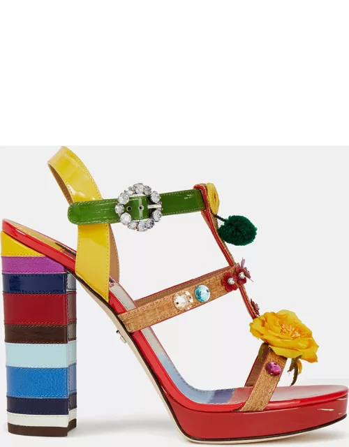 Dolce & Gabbana Multicolor Patent Leather Embellished Block Heel Sandals