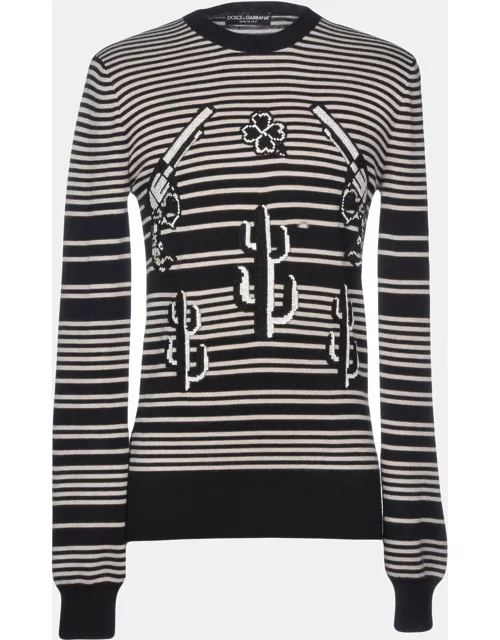 Dolce & Gabbana Black Striped Cashmere Embroidered Sweater M (IT 48)