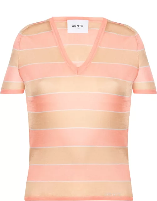 Pink striped sweater V-neck