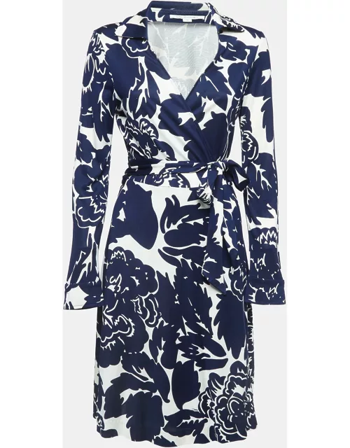 Diane Von Furstenberg Navy Blue Floral Printed Jersey Midi Wrap Dress