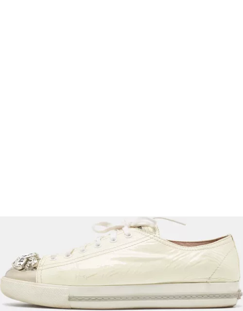 Miu Miu Patent Leather Crystal Embellished Cap Toe Lace Up Sneaker