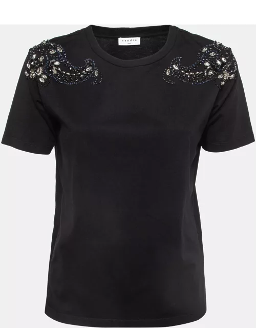 Sandro Black Cotton Knit Crystal Embellished T-Shirt
